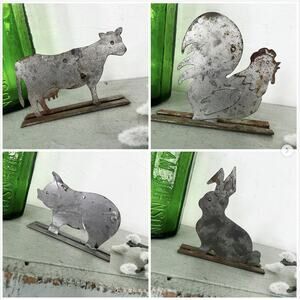 Vintage Tin Recipe Business Card Holders Pig Rabbit Chicken Cow SET of 4